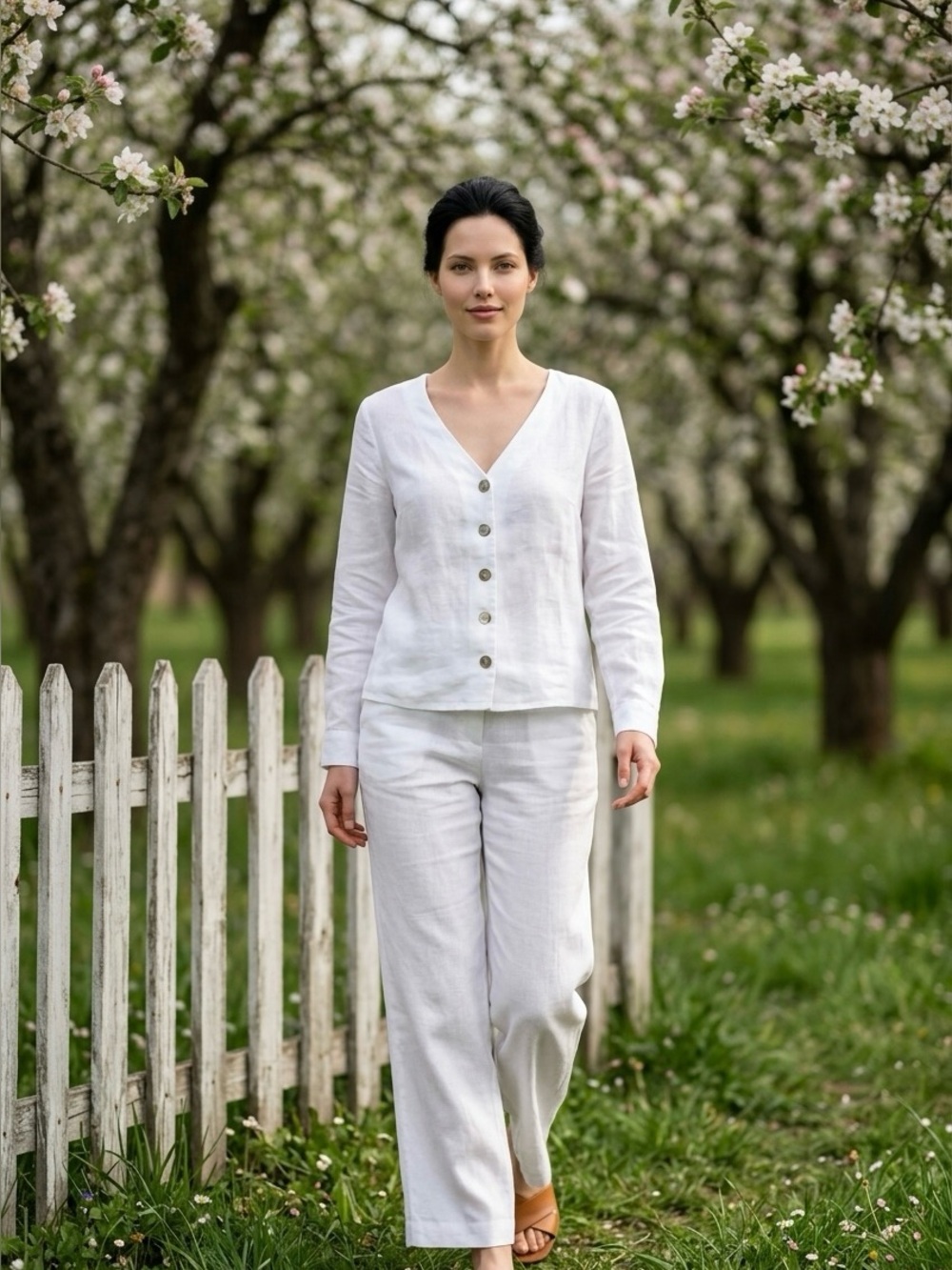 MNG Mango White 100% Linen Button-Down V-Neck Blouse Size 4